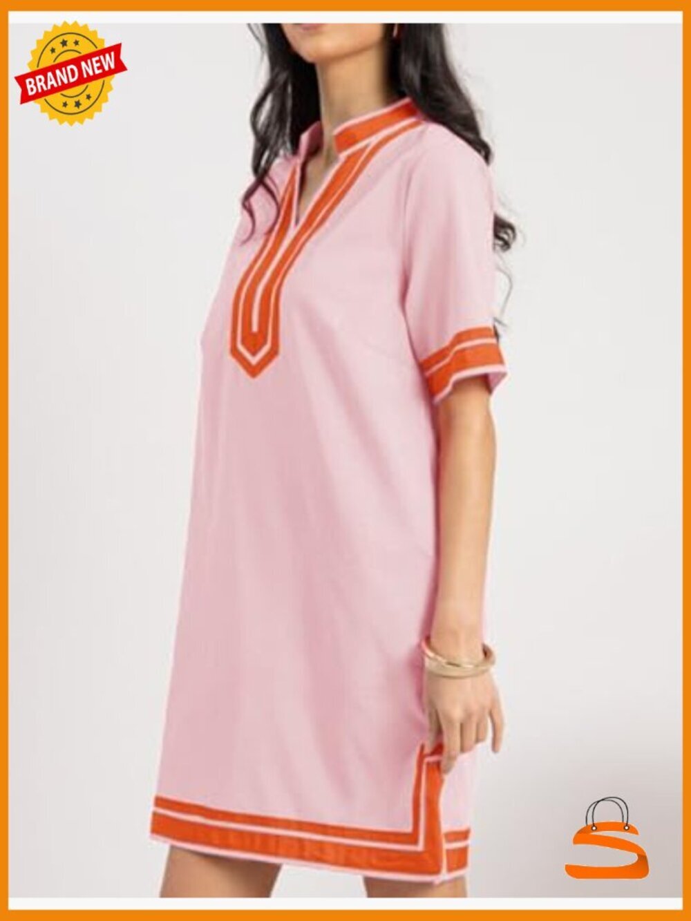 Linen Color Block Shift Dress with Pockets Swimsuit Coverup V-Neck Short Sleeve - Picture 3 of 6